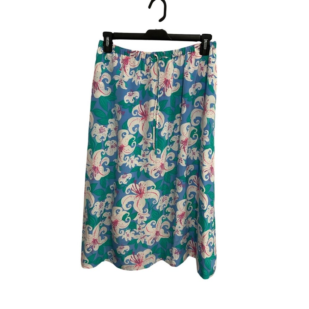 Bob Mackie Large Silk Elastic Waist Floral Print Flared Midi Skirt Flowy